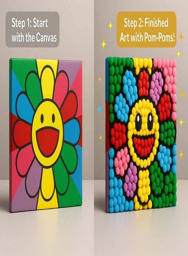 CHEFERYN Colorful Smiley Flower Pom-Pom Art Canvas Kit for Kids - 8x8 Inch DIY Craft Painting Kit - Easy & Fun Creative Activity for Boys & Girls - Wall Décor for Bedroom or Playroom - Image 4